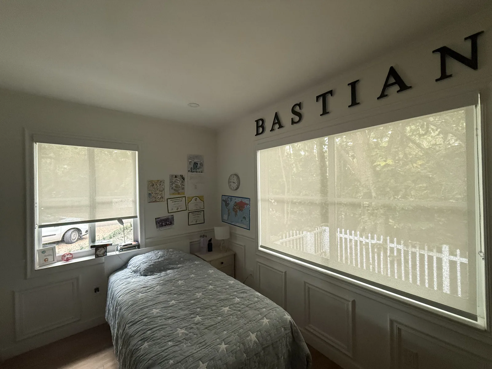 Light-filtering roller shades in a child's bedroom