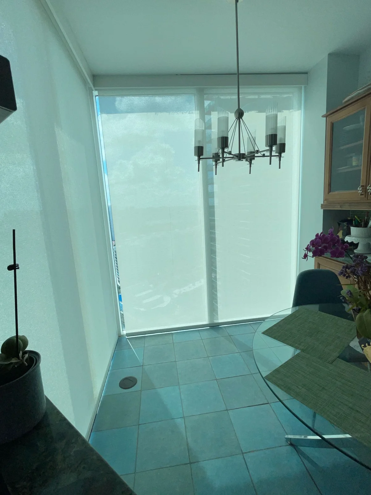 Roller screen shade on a sliding door with an ocean view