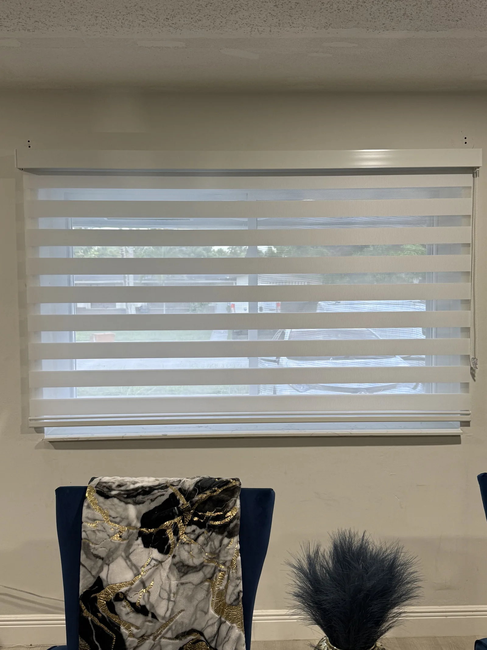 Zebra light-filtering shade above a dining area